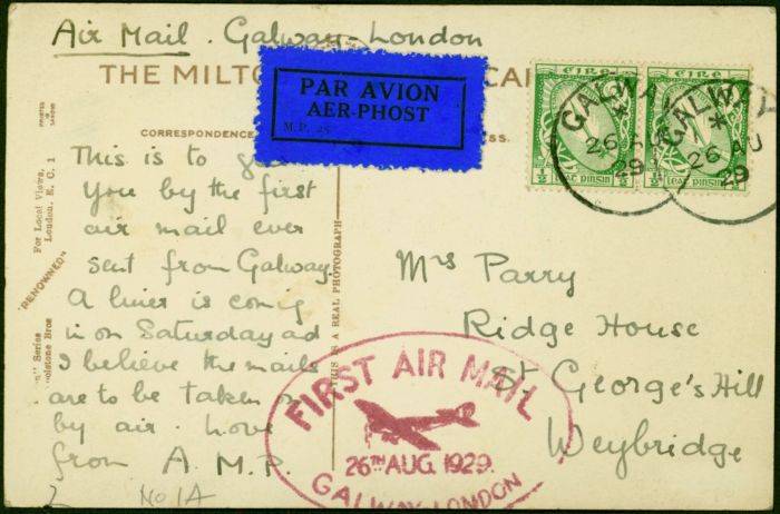Old Postage Stamp from Ireland 1929 1st Air Mail Postcard to Weybridge 'Salmon Fishing' Galway-London