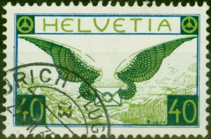 Old Postage Stamp Switzerland 1923 Air 40c Blue & Green SG322 V.F.U