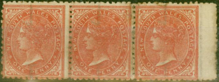 Old Postage Stamp from N.S.W 1864 1d Brownish-Red SG197Var WMK Inverted Good Mtd Mint Strip of 3