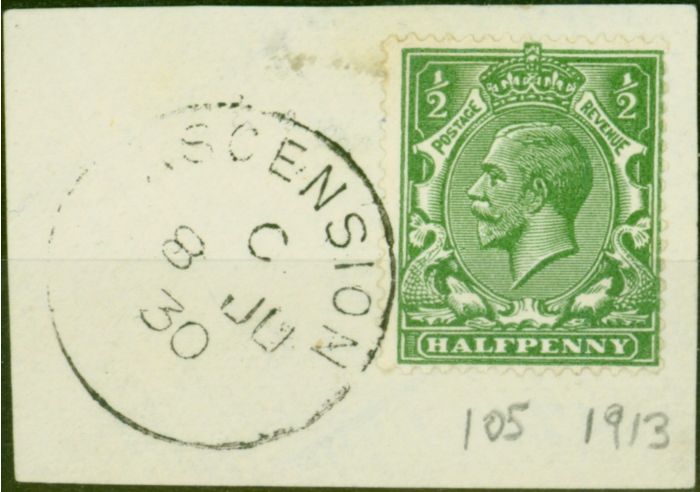 Old Postage Stamp from Ascension 1913 GB 1/2d Green SGZ39 V.F.U on Small Piece 'Ascension C 8 JU 30' CDS