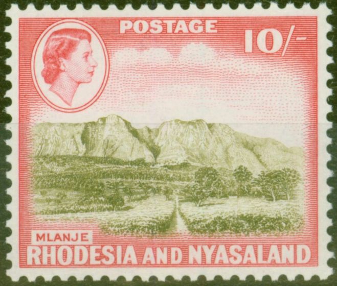 Rare Postage Stamp from Rhodesia & Nyasaland  1959 10s Olive-Brown & Rose-Red SG30 V.F MNH