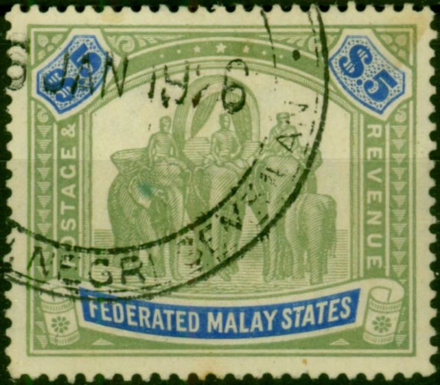 Fed of Malay States 1925 $5 Green & Blue SG81 Fine Used Fiscal Cancel . King George V (1910-1936) Used Stamps