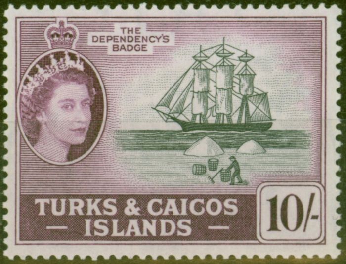 Rare Postage Stamp from Turks & Caicos Is 1957 10s Black & Purple SG250 V.F MNH