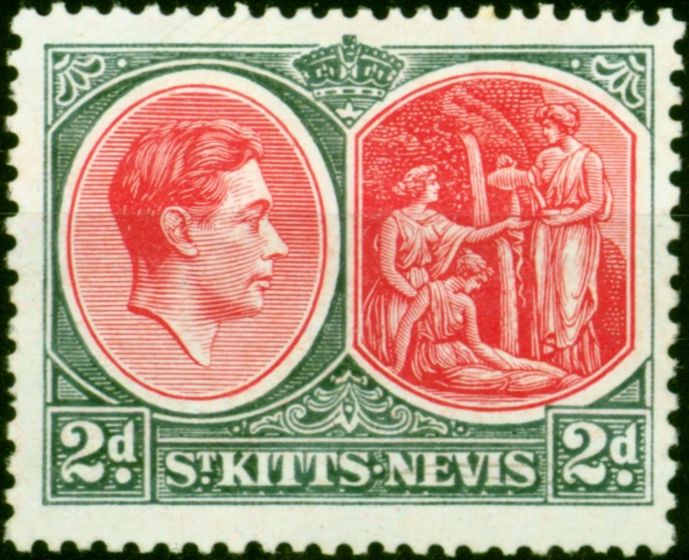 Collectible Postage Stamp from St Kitts & Nevis 1941 2d Scarlet & Grey SG71a Chalk Fine Lightly Mtd Mint
