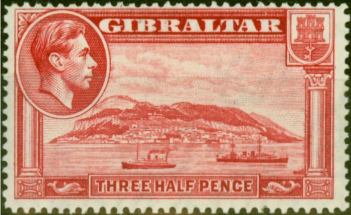 Rare Postage Stamp Gibraltar 1938 1 1/2d Carmine SG123 P.14 Fine LMM
