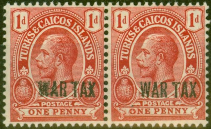 Rare Postage Stamp from Turks & Caicos Is 1917 1d Red SG140ab Opt Double in Horiz Pair with Normal F MNH