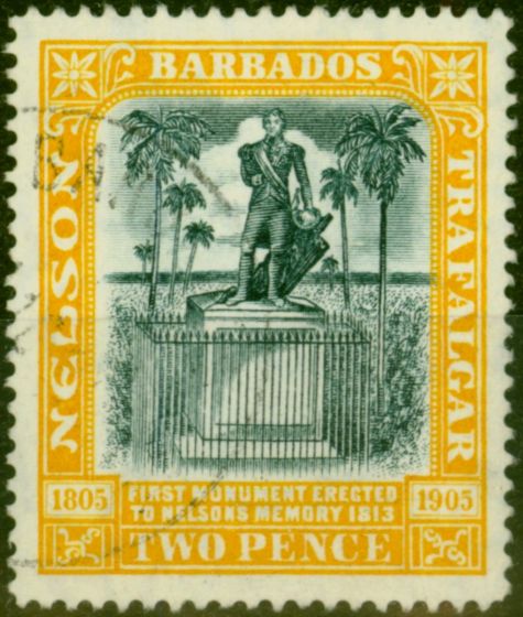 Rare Postage Stamp Barbados 1907 2d Black & Yellow SG161 V.F.U