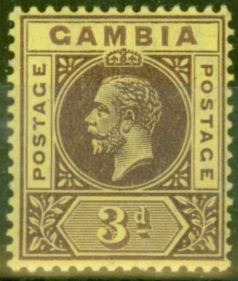 Old Postage Stamp from Gambia 1912 3d Purple-Yellow SG91var Short Limb to A  V.F VLMM
