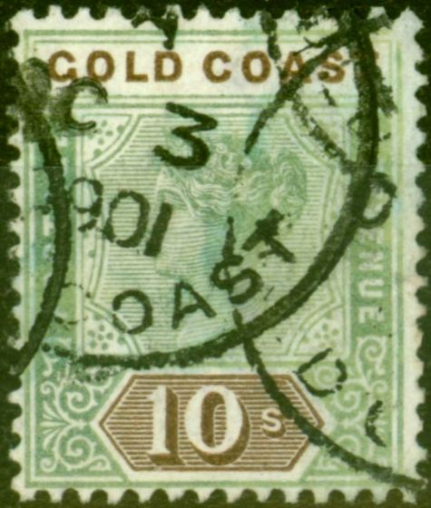 Old Postage Stamp from Gold Coast 1900 10s Green & Brown SG34 Good Used
