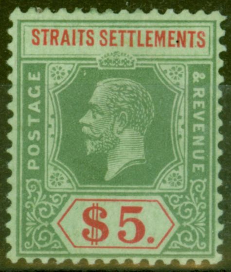 Rare Postage Stamp from Straits Settlements 1923 $5 Die II on Emerald SG212d Fine & Fresh Mtd Mint