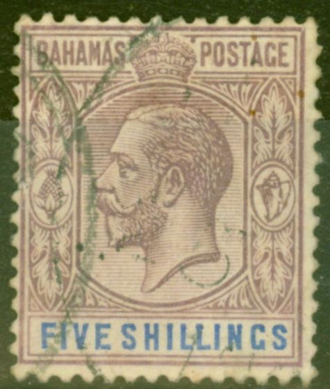 Old Postage Stamp from Bahamas 1912 5s Dull Purple & Blue SG88 Ave Used