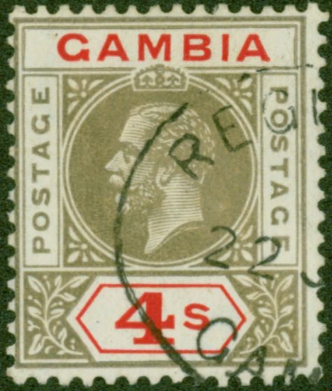 Collectible Postage Stamp from Gambia 1922 4s Black & Red SG117 V.F.U Madame Joseph Cancel