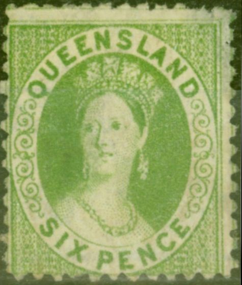 Collectible Postage Stamp from Queensland 1876 6d Yellow-Green SG106 Avg Mtd Mint