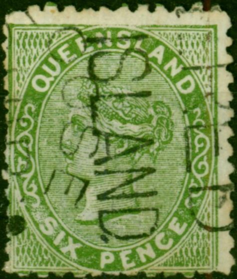 Queensland 1879 6d Yellow-Green SG143 'Red Island & Loose Ship Letter' Cancels Scarce. Queen Victoria (1840-1901) Used Stamps