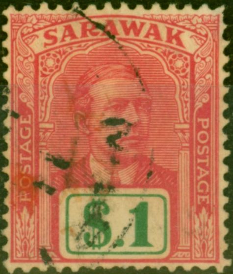 Rare Postage Stamp from Sarawak 1918 $1 Brt Rose & Green SG61 Good Used