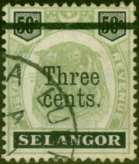 Valuable Postage Stamp Selangor 1900 3c on 50c Green & Black SG67 Good Used