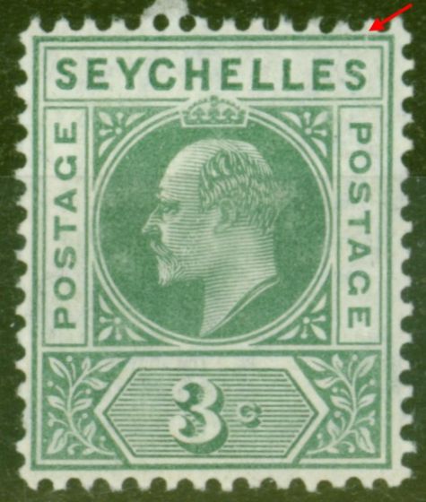 Valuable Postage Stamp from Seychelles 1906 3c Dull Green SG61Var Slotted Frame Fine Mtd Mint