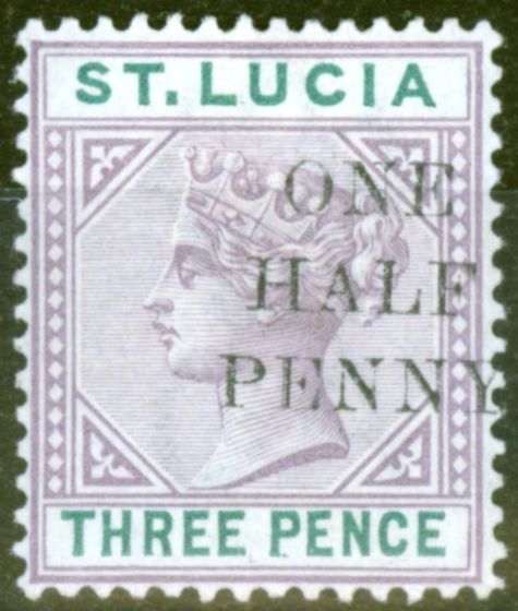 Collectible Postage Stamp from St Lucia 1891 1/2d on 3d Dull Mauve & Green SG53 Fine & Fresh Lightly Mtd Mint