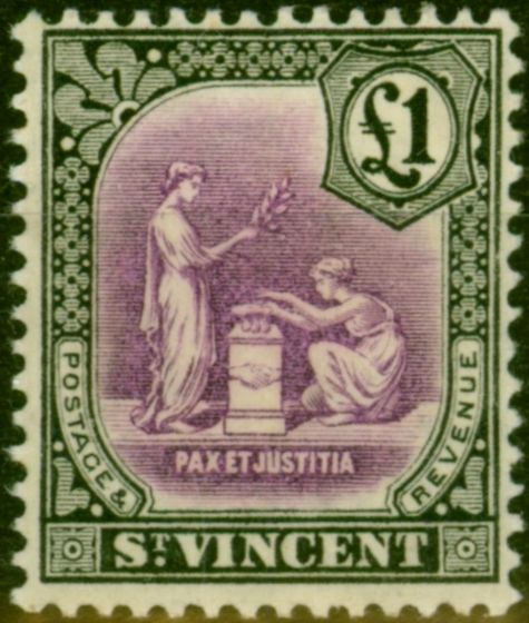 Rare Postage Stamp from St Vincent 1913 £1 Mauve & Black SG120 Fine Mtd Mint