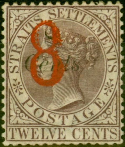 Valuable Postage Stamp from Straits Settlements 1884 8 on 8c on 12c Brown-Purple SG80 Fine Mtd Mint