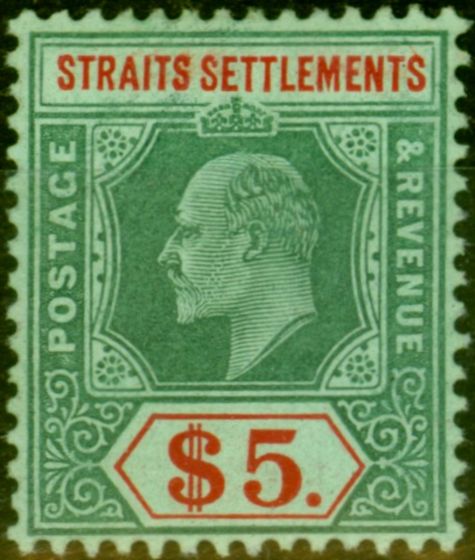 Old Postage Stamp from Straits Settlements 1909 $5 Green & Red-Green SG167 Fine & Fresh Mtd Mint