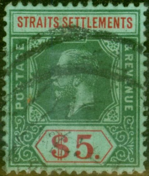 Rare Postage Stamp Straits Settlements 1920 $5 on Emerald Back SG212c Fine Used