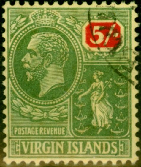 Old Postage Stamp from Virgin Islands 1922 5s Green & Red-Pale Yellow SG85 V.F.U