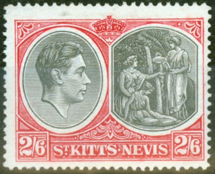 Collectible Postage Stamp from St Kitts & Nevis 1943 2s6d Black & Scarlet SG76a P.14 Chalk Fine Lightly Mtd Mint