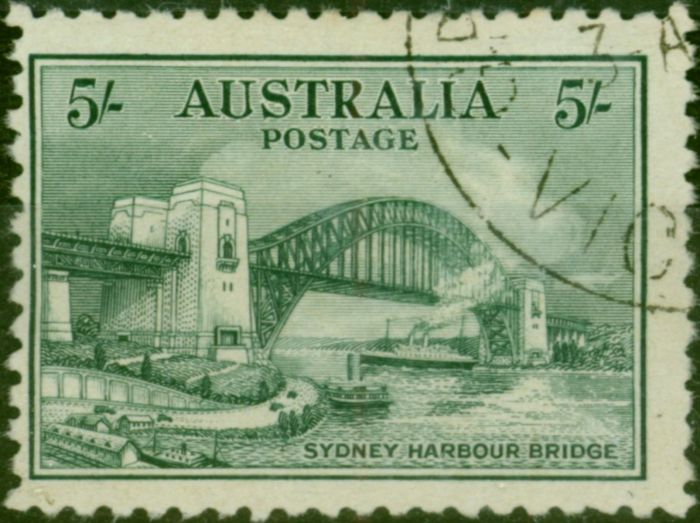Rare Postage Stamp Australia 1932 5s Blue-Green Harbour Bridge SG143 V.F.U