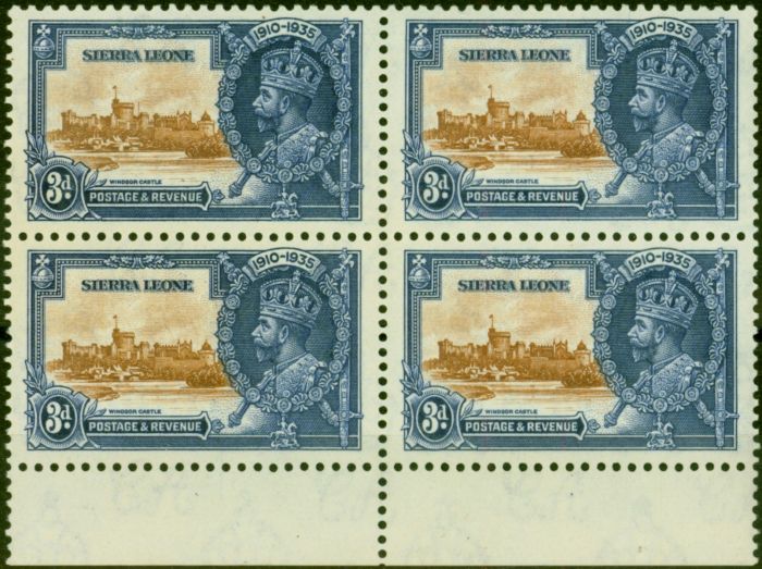Collectible Postage Stamp Sierra Leone 1935 3d Brown & Deep Blue SG182a 'Extra Flagstaff' in a Fine MNH Block of 4