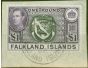 Collectible Postage Stamp from Falkland Is 1949 £1 Grey-Black & Bluish Violet HEIJTZ Spec 93c V.F.U on Piece Scarce