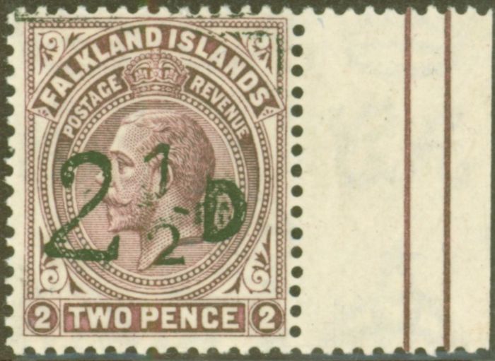 Rare Postage Stamp from Falkland Islands 1928 Provisional 2 1/2d on 2d Purple-Brown SG115 Superb MNH Marginal Holcombe Cert