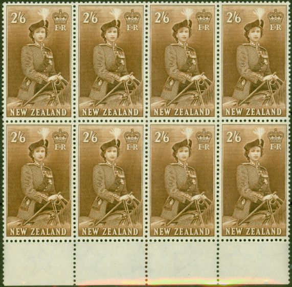 Rare Postage Stamp from New Zealand 1957 2s6d Brown SG733d V.F MNH Block of 8