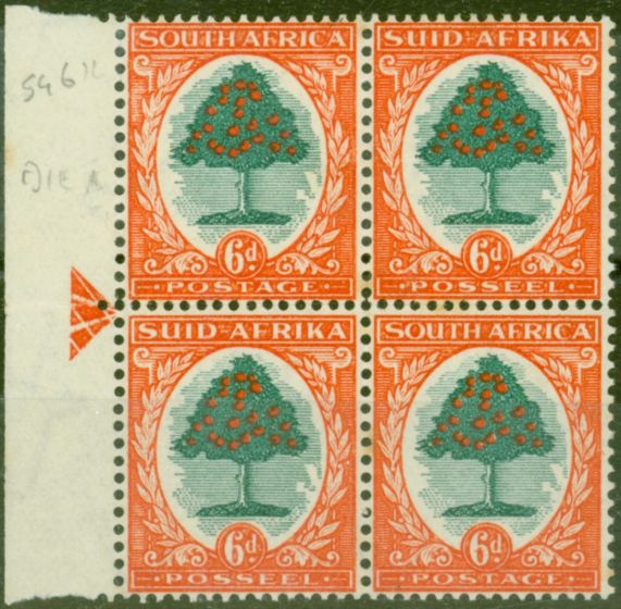 South Africa 1937 6d Green & Vermilion SG61 Die I Good MNH Block of 4 King George VI (1936-1952) Valuable Stamps