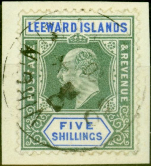 Collectible Postage Stamp from Leeward Islands 1902 5s Green & Blue SG28 V.F.U on Piece