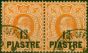 Rare Postage Stamp British Levant 1910 1 3/4pi on 4d Pale Orange SG23b Thin Pointed 4 in Pair with Normal Fine Used