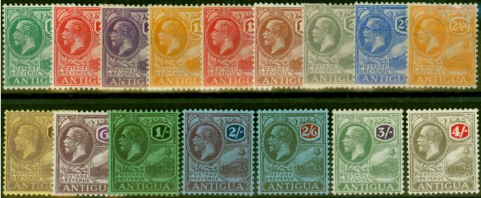 Old Postage Stamp Antigua 1921-29 Set of 16 SG62-80 Fine & Fresh LMM Ex-SG63 & SG73