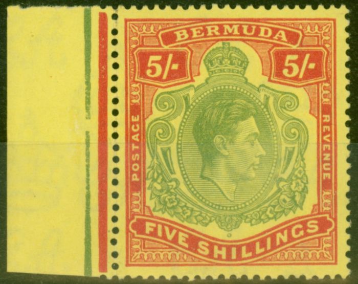Rare Postage Stamp from Bermuda 1945 5s Green & Red-Pale Yellow SG118e V.F Very Lightly Mtd Mint