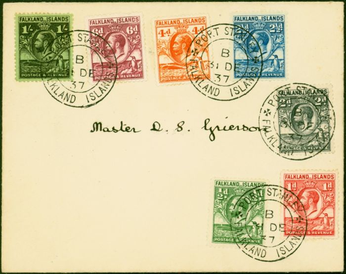 Falkland Is Cover 1937 Set of 7 to 1s SG116-122a 'Port Stanley B 31 DEC 37' CDS Fine & Attractive . King George VI (1936-1952) Used Stamps