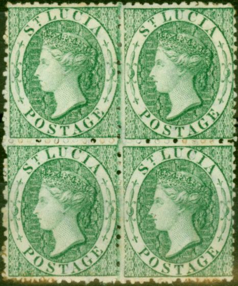 Old Postage Stamp St Lucia 1863 (6d) Emerald Green SG8x Wmk Reversed Fine MM Block of 4 Scarce
