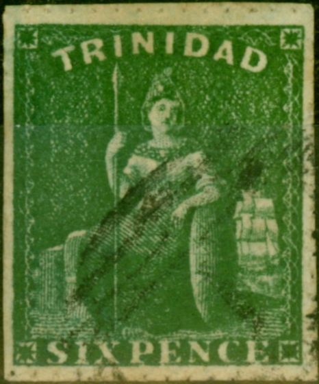 Collectible Postage Stamp from Trinidad 1859 6d Deep Green SG43 Pin-Perf 13.5 V.F.U