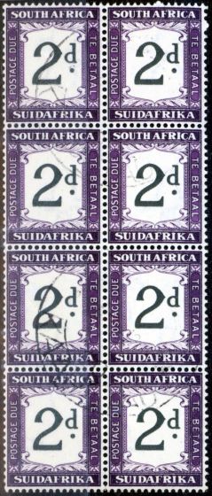 Old Postage Stamp from South Africa 1933 2d Black & Dp Purple SGD23w Wmk Inverted V.F.U Block of 8