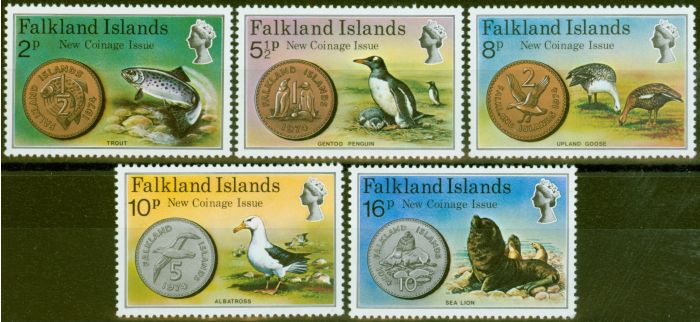 Collectible Postage Stamp from Falkland Islands 1975 New Coinage set of 5 SG316-320 V.F MNH