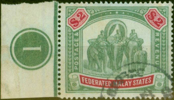 Rare Postage Stamp from Fed Malay States 1907 $2 Green & Carmine SG49 V.F.U Pl 1 Marginal
