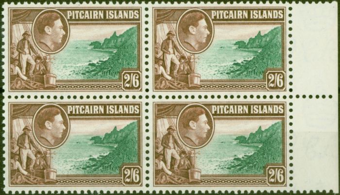 Rare Postage Stamp from Pitcairn Islands 1940 2s6d Green & Brown SG8 Superb MNH Block of 4