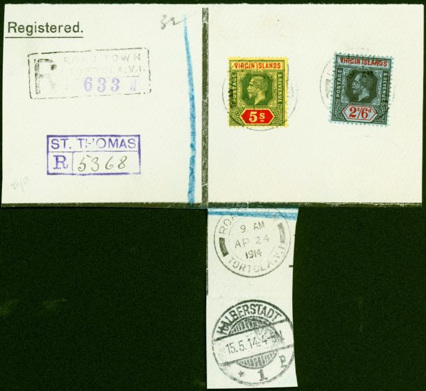 Old Postage Stamp from Virgin Is 1914 Part Reg Cover/Large Piece to Germany Bearing SG76-77 'AP 24 1914' CDS