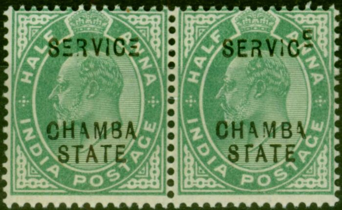 Rare Postage Stamp Chamba 1903 1/2a Yellow-Green SG024Var 'Raised E' in Service & Various Broken Letters Fine MNH Pair