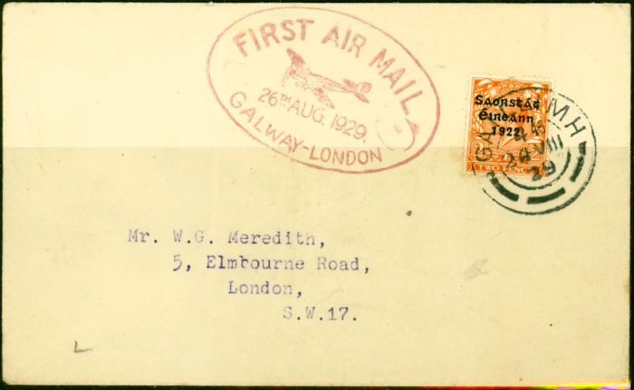 Rare Postage Stamp from Ireland 1929 1st Air Mail Cover to London Galway