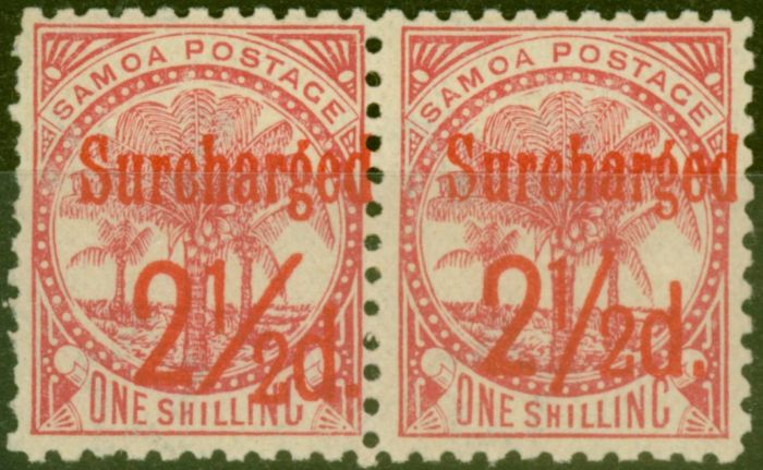Valuable Postage Stamp from Samoa 1898 2 1/2d on 1s Dull Rose-Carmine SG85 Fine Mtd Mint Pair