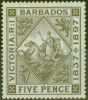 Valuable Postage Stamp from Barbados 1897 5d Olive-Brown SG129 Blued Paper Fine Very Lightly Mtd Mint Royal Certifcate